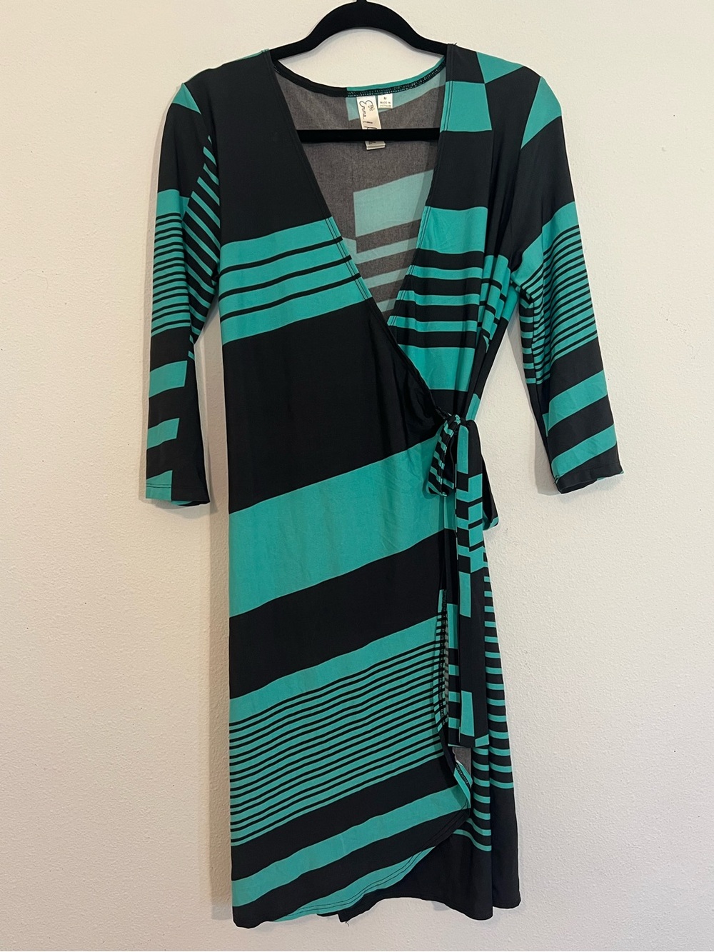 Emma & Michele Black and Teal Striped Wrap Knee-Length Dress Size Medium